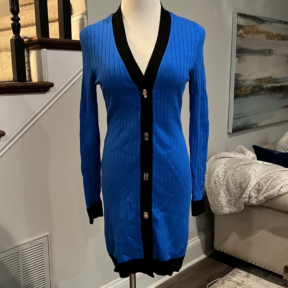 WHBM blue cardigan with black trim and silver toggles
